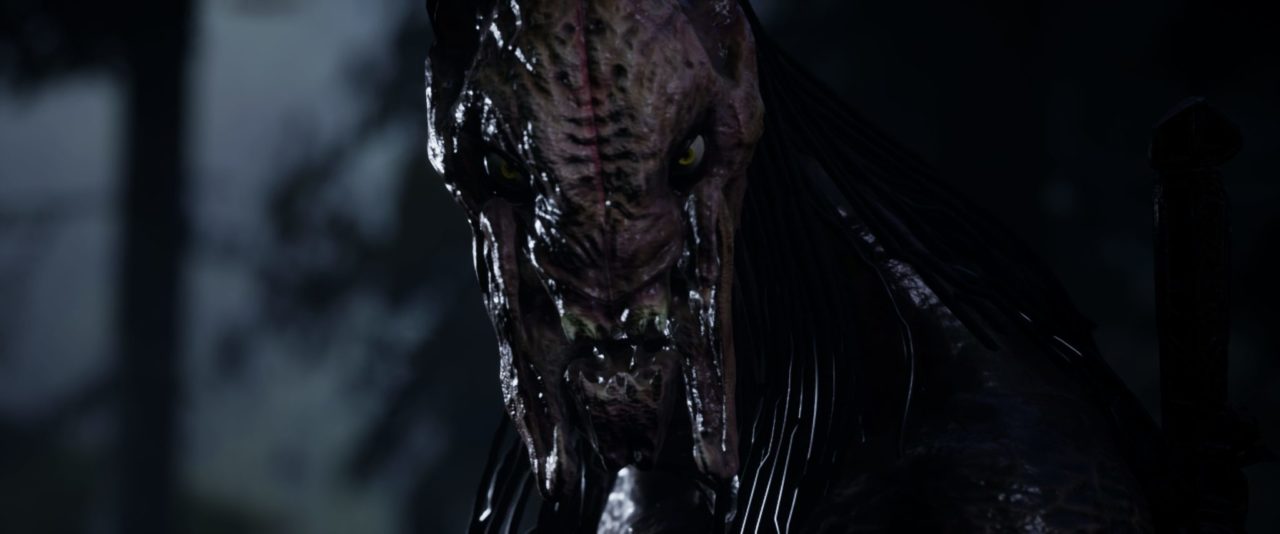 A snarling Yautja captured in previs from the film Prey.