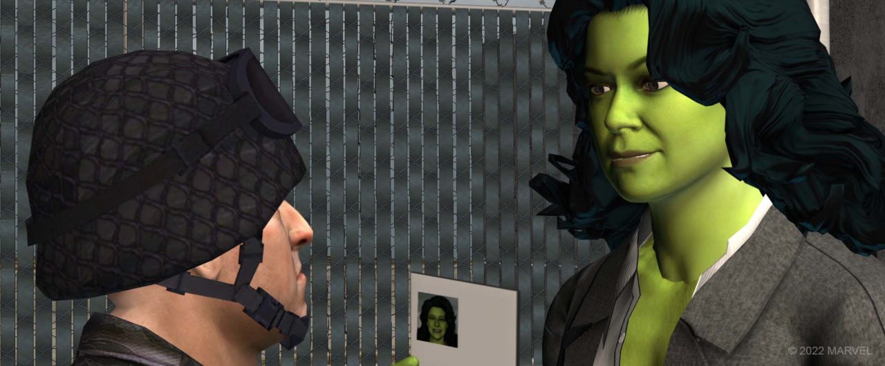  Previs showcasing the visual size difference between human and superhero She-Hulk. ©2022 MARVEL