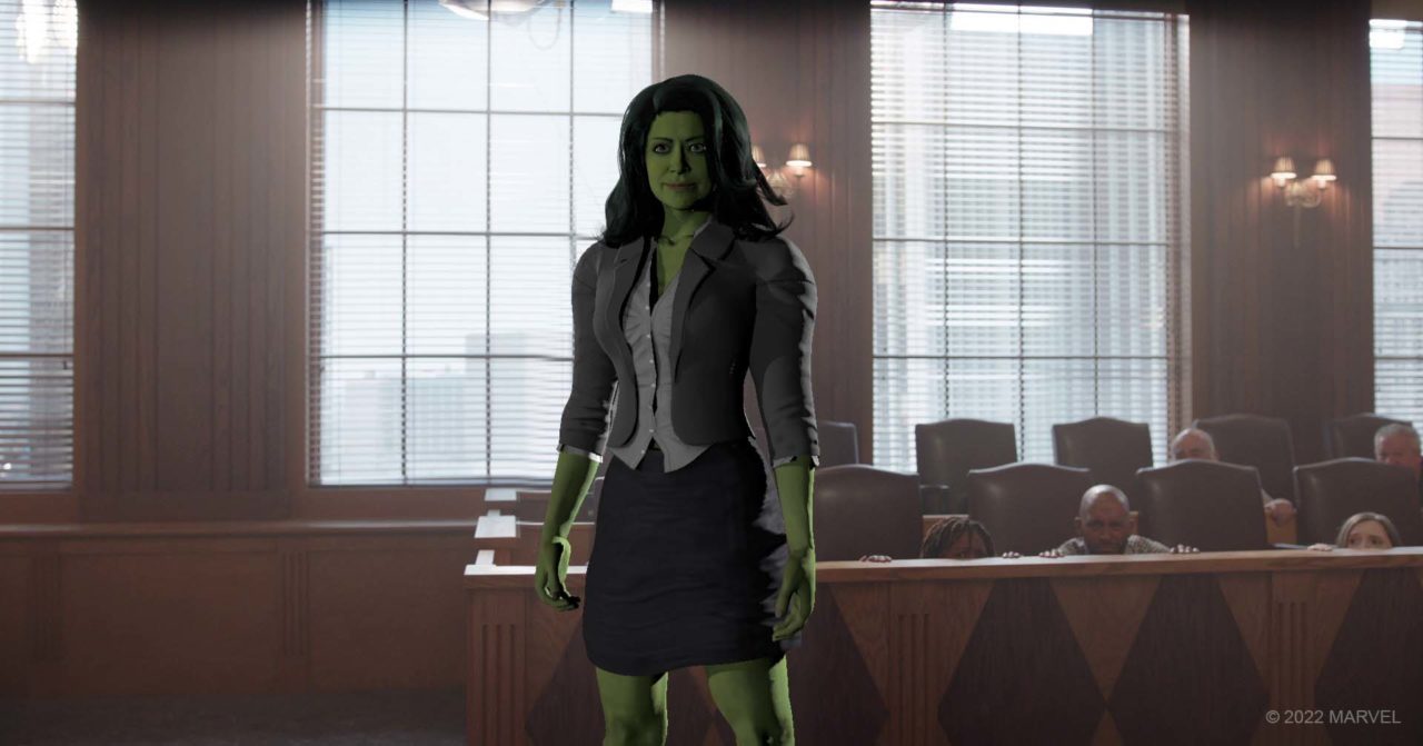 While arguing her case in court against rival Titania, Jen makes a first public transformation into She-Hulk, as depicted in the postvis image above. ©2022 MARVEL