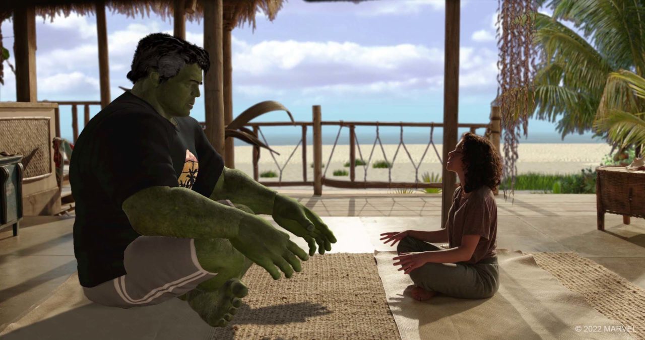 A meditating Hulk visualized in postvis by The Third Floor. ©2022 MARVEL