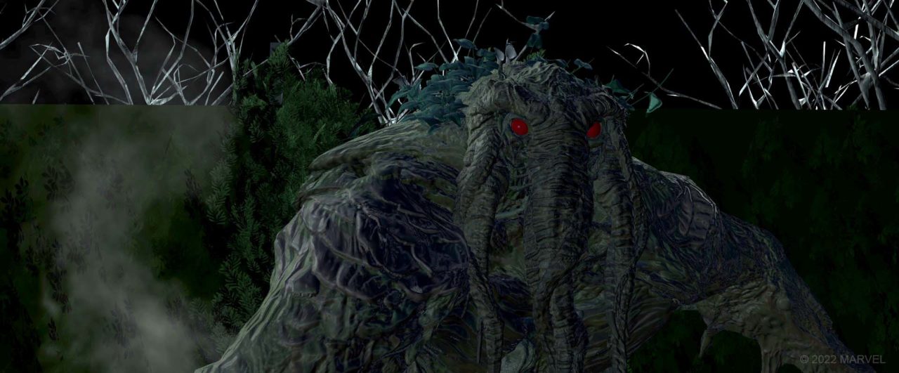 Previs (above) and final shot (below) of Man-Thing as he is located by Jack in the maze. 