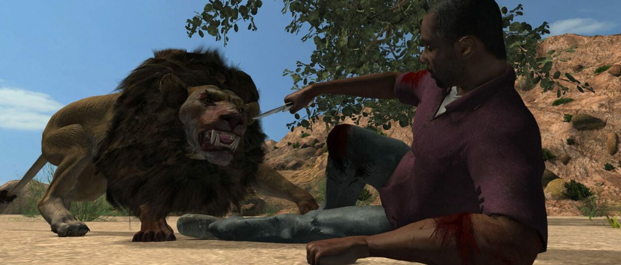 Low-angle POV as Elba’s character, Nate, takes on the lion in the closing fight.