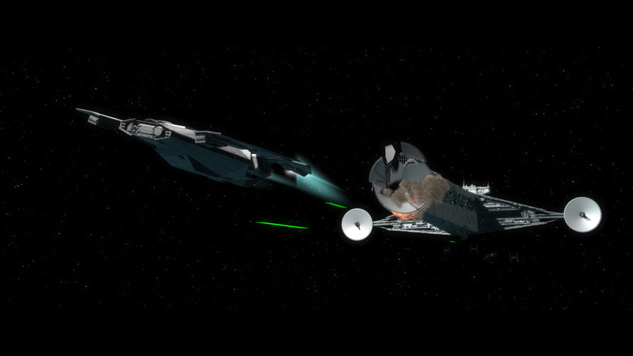 In another large action scene, Luthen must escape an Imperial Cruiser in his Fondor ship. Visualization frame The Third Floor, Inc. © Lucasfilm Ltd. All Rights Reserved