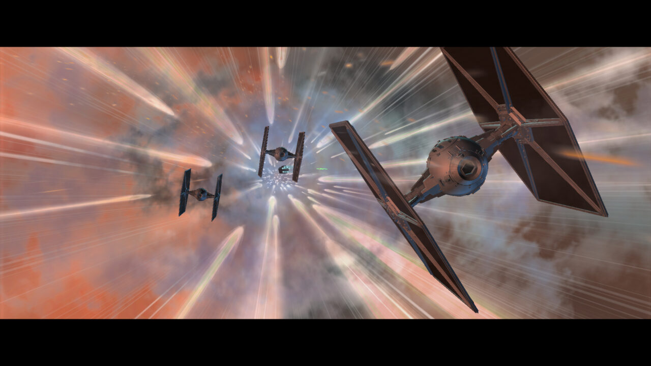 Meteors had to nearly hit the heroes, block paths, tear apart TIE fighters and fizzle into the atmosphere. Visualization frame The Third Floor, Inc. © Lucasfilm Ltd. All Rights Reserved. 
