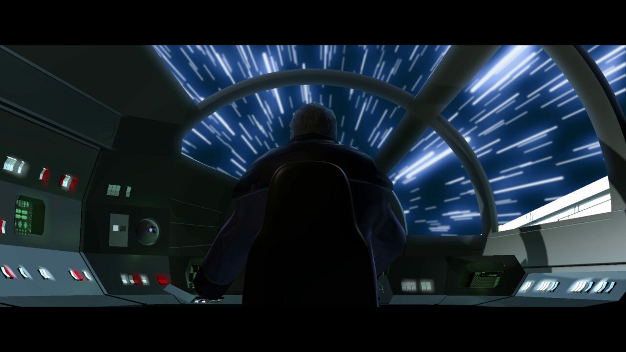 Luthen jumps to hyperspace, escaping the Imperial Cruiser. Visualization frame The Third Floor, Inc. © Lucasfilm Ltd. All Rights Reserved.