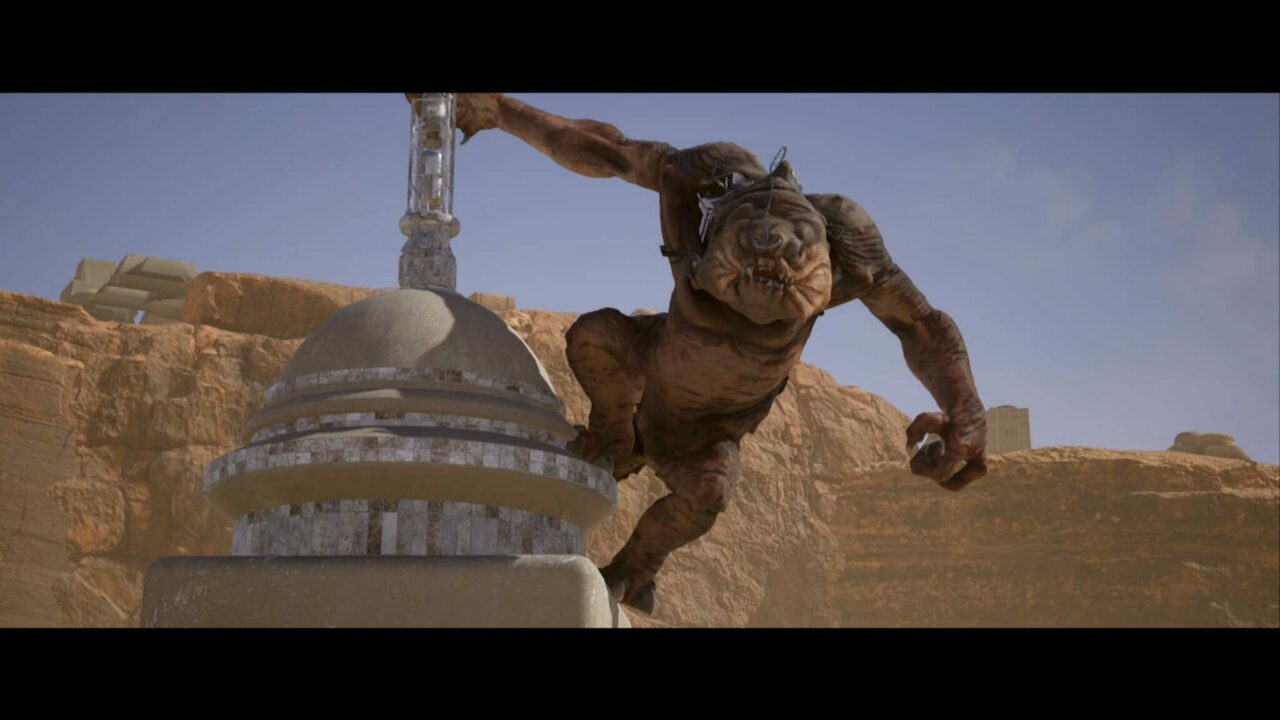 A Rancor goes on a rampage during the Battle for Mos Espa. Visualization frame The Third Floor, Inc. © Lucasfilm Ltd. All Rights Reserved.