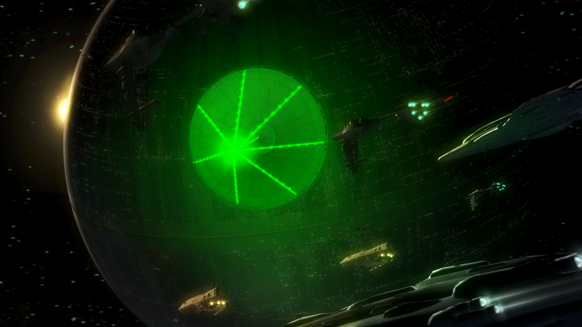 The planet-killing laser is fired up on the Death Star. Previs frame The Third Floor, Inc. © Lucasfilm Ltd. All Rights Reserved.