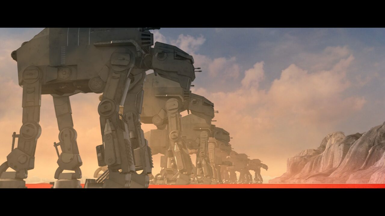 Imperial Walkers of the First Order blockade the rebel base on the salt-planet Crait, setting the scene for a dramatic standoff. Previs frame The Third Floor, Inc. © Lucasfilm Ltd. All Rights Reserved.
