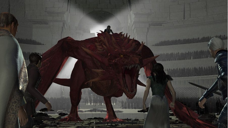 Previs and Techvis of Rhaenys and her dragon, Meleys, interrupting the coronation in Season 1, Episode 9 “The Green Council.” 