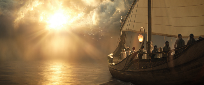 The sequence of Galadriel approaching Valinor was visualized through previs and postvis as the director and director of photography explored lighting, mood and even green screen placements for the ship set. Final by the VFX team. Final VFX shot courtesy of Amazon Studios.
