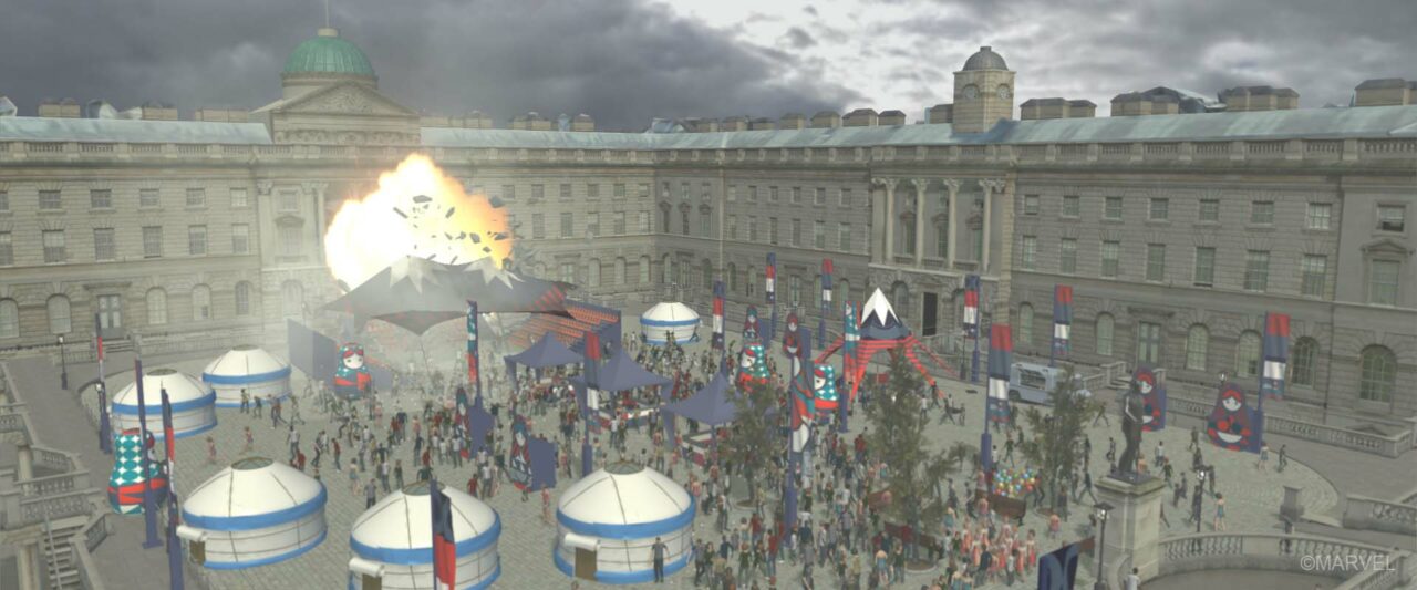 Previsualisation from Episode 1, visualizing action and crowds within a digital representation of the location. 