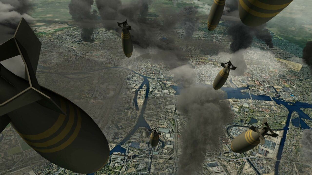 Previs frame, visualizing bombs dropped over Berlin.