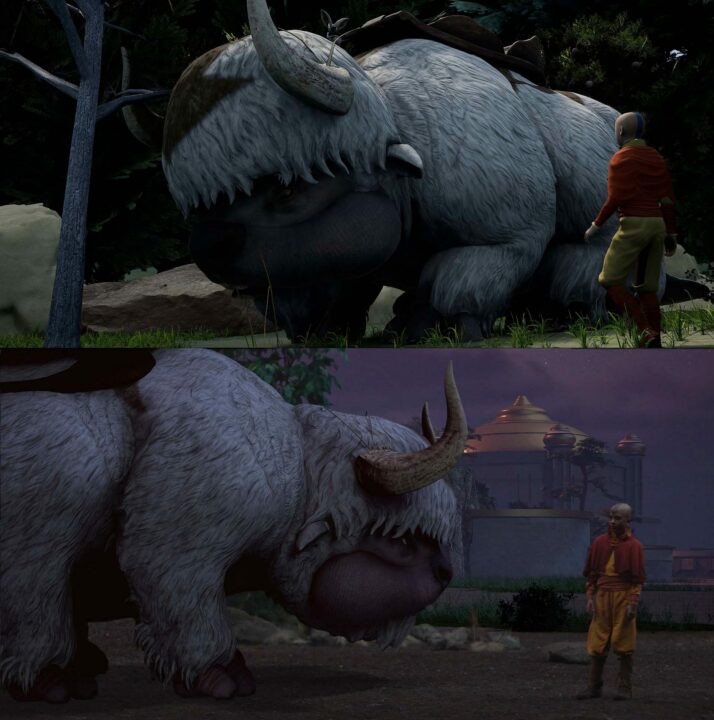 Aang visualized in previs (above) and postvis (below) interacting with spirit guide Appa, the flying bison. 