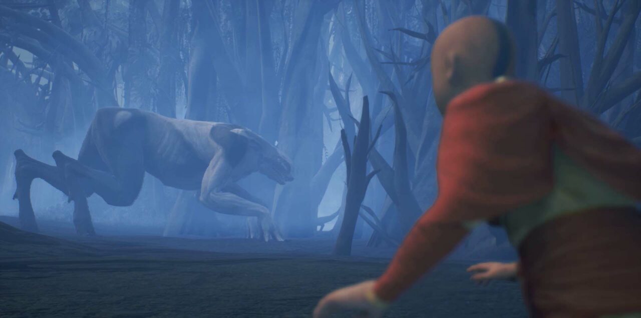 Hei Bai chases Aang, Sokka and Katara in the forest of the Spirit World.